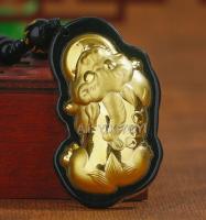 【CW】 Hetian   Gold Inlaid Chinese Wealth Coin PiXiu Amulet Pendant Rope Necklace Jewelry