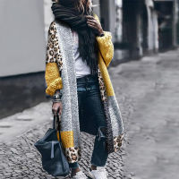 Fashion Knitted Women Sweater Shawl Jacket Cardigan Stitching Leopard Print Plus Size Super Long Spring Autumn Wool Weater Coats