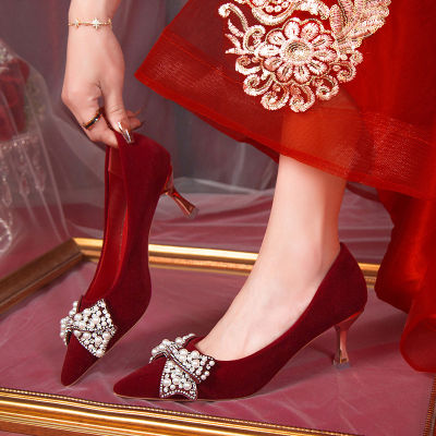 Wedding Shoes for Women 2023 New Bridal Shoes Wine Red Xiuhe Wedding Dress Two-Way High Heels French Style Wedding Toast Red Shoes