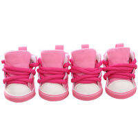 Haosu®4Pcs Anti-Slip Laced Breathable รองเท้าสัตว์เลี้ยงรองเท้าผ้าใบสุนัขลูกสุนัขอุปกรณ์สีชมพู