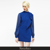 [Kwankao] Metallic Blue Dress เดรสสั้นสีน้ำเงิน แขนยาวซีทรู ดีเทลผ้าระบายด้านหน้า