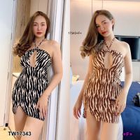 J17343 Dress เดรสสั้นแหวกอกพิมลาย + สายคล้องคอ Short dress, open chest, printed pattern + neck strap