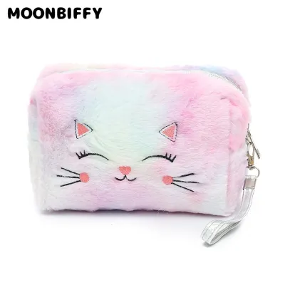 Fur Cat Cosmetic Bag for Women Plush Girl Makeup Bag Female Beauty Case Travel Portable Toiletry Makeup Case Bag Makeup Pouch