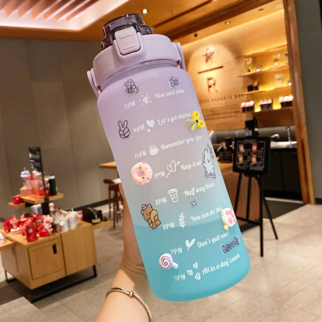 2l Large Capacity Water Bottle Straw Cup High Temperature Plastic Water Cup  Time Scale Frosted Outdoor Sports Student Couple Cup