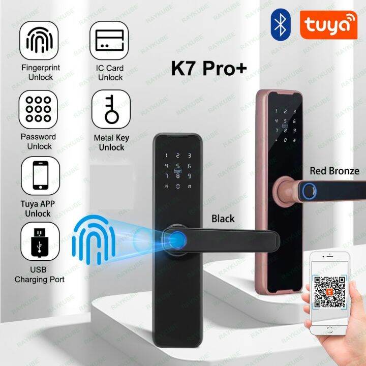 raykube-ล็อกประตูด้วยลายนิ้วมือไบโอเมตริกซ์-k7-pro-black-ล็อคอัจฉริยะ-tuya-รีโมทแอปปลดล็อคล็อคคีย์ลัดล็อคประตูไฟฟ้า