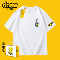 Drew Doll แบรนด์ร่วม2023หน้ายิ้มใหม่พิมพ์ลายการ์ตูนคู่รักแขนสั้นเสื้อยืดชายหญิงรุ่นเดียวกัน