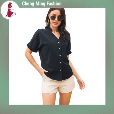 Cheng Ming เสื้อเบลาส์ผู้หญิงคอตั้งระบายอากาศที่สะดวกสบายแขนค้างคาวเสื้อคอวีเสื้อกันหนาวถักสีทึบเสื้อท็อปส์ซู