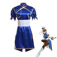 เกม Chun Li คอสเพลย์เครื่องแต่งกายฮาโลวีนแต่งตัวปาร์ตี้ Sutorito Faita สีฟ้า Cheongsam ชุดเข็มขัด Headgear สำหรับหญิงสาว Clothes