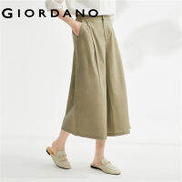 GIORDANO ผู้หญิง ผ้าฝ้ายลินินธรรมชาติทอจับจีบเอวกึ่งยางยืดกางเกงขากว้างแบบบาง Free Shipping 13423320