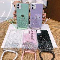 สายโซ่สายคาดที่คล้องเลื่อมแวววาวเคสโทรศัพท์โปร่งใสสำหรับ iPhone 14 13 11 12 Pro Max 12 Mini XR XS Max 6S 7 8 Plus SE 2สีใสส่องแสงเป็นประกายวิบวับปกหลังแบบนิ่ม