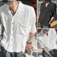 Beehoo INCERUN Mens Short Sleeve Casual Loose Chest Pocket Shirts Loose Fit Button Up Top Tees (สไตล์เกาหลี)