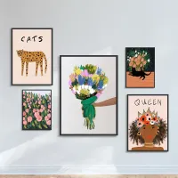 Black Cat Posters and Prints Girl Queen Canvas Painting Animal Cheetah Flower Field Wall Art Pictures for Room Home Decor
