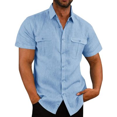 เสื้อเชิ้ตลำลองผ้าลินินผ้าฝ้ายฤดูร้อนเสื้อลำลองเสื้อคอปกแบบพับแขนสีทึบสั้นสำหรับผู้ชายเสื้อ5XL สไตล์ชายหาดระบายอากาศได้ดี