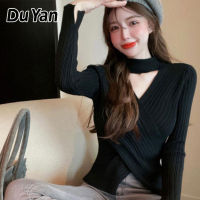 Du Yan เสื้อเบลาส์สำหรับผู้หญิงเสื้อเบลาส์แบบคล้องคอแบบสีทึบบางดีไซน์เกาหลี