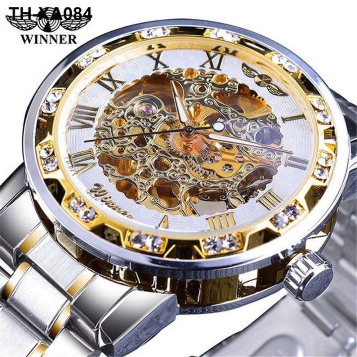 นาฬิกาเชิงกลธุรกิจของผู้ชายกลวงออกตัวอักษรโรมันสร้างสรรค์-เพชรบุคลิกภาพผ่านด้านล่างคู่มือนาฬิกาจักรกลผู้ชายอินเทรนด์ออกแบบ