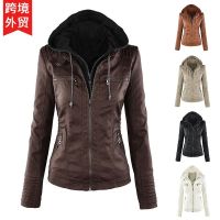 [COD] European and cross-border autumn winter womens hooded slim-fit leather jacket plus size foreign trade dropshipping