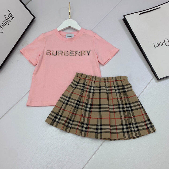 burberry-ฤดูร้อนคลาสสิกลายสก๊อตพิมพ์ชุดกระโปรงแขนสั้นสองชิ้นสไตล์ตะวันตกสาวอารมณ์ระดับไฮเอนด์