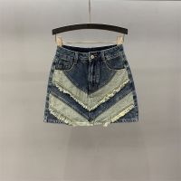 New Patchwork Contrasting Denim Skirt for Women With High Waisted and Slim Buttocks Small and Spicy A-Line Short Skirt