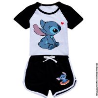 Disney Summer Baby Boys Clothes Cartoon Stitch Print Kids Girls Children Top Tee Short Sleeve T Shirt Short 2Pcs Set