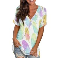 Womens T-shirt With Feather Pattern 3D Fashionable Street V-neck Short Sleeved Tie Dyed Printed Top Loose And Casual In Summer