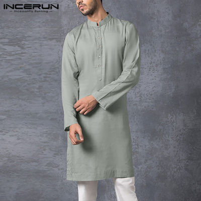 (Muslim) INCERUN Kurta Mensชุดมุสลิมแขนยาวไม่มีPlainเสื้อKaftanสั้นๆชาติพันธุ์Tunic