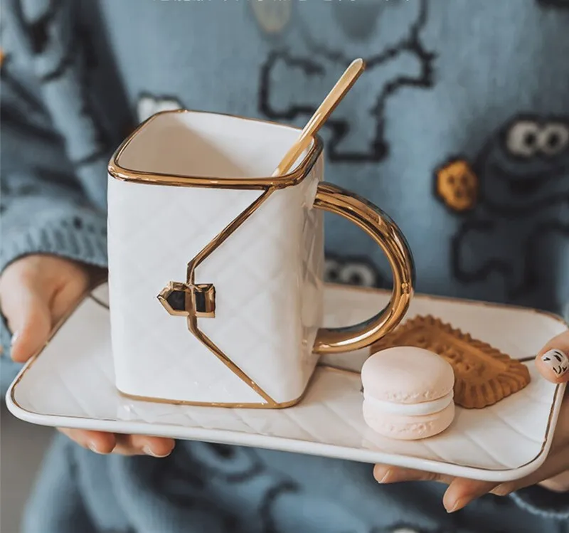 Bag Shaped Ceramic Cup Coffees Mug Cups Set Drawing Gold Handbag