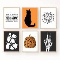 ฟักทองฮาโลวีน Black Cat Ghost Thriller โปสเตอร์พิมพ์ Fall Art Wall Abstract Skeleton อ้างภาพวาดผ้าใบสำหรับ Room Home Decor