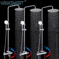 【LZ】✼♨♕  Yanksmart termostática conjunto torneira do chuveiro do banheiro fixado na parede chrome polido banheira chuvas chuveiro misturador de água kit