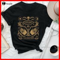 Ouija-Board เสื้อคอกลมแขนสั้นพิมพ์ลายกะโหลกแฟชั่นผ้าฝ้าย100% สีดำผ้าฝ้ายลำลองลายกราฟิกวันฮาโลวีน