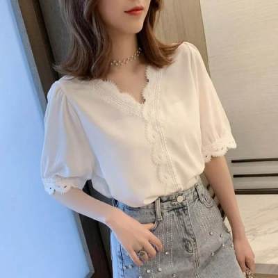 [Spot] V-neck fashion summer European and American new womens solid color lace collar chiffon short sleeve 2023