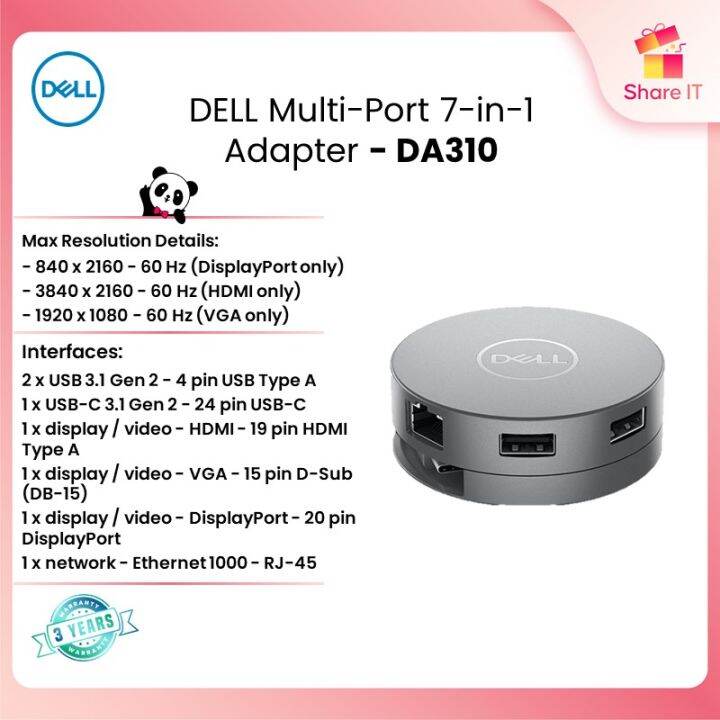 Dell DA310 7 in 1 USB-C Mobile Adapter 4K DISPLAY PORT GIGABIT