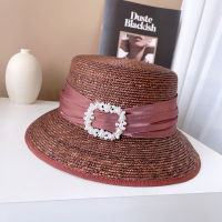 Japanese high-end straw hat ladies elegant heben wind silk satin rhinestone square button basin hat sunscreen fisherman hat