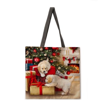 Christmas Cat Ladies Beach Bag Foldable Shoulder Bag Shopping Bag Printed Handbag Linen Casual Tote Reusable