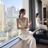 ♙● First Love White Dress Knitted Long One Piece Spagehtti Strap V Neck Black Spring Summer Robe Longue Vestido Largo