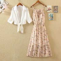 2021 Summer New Chiffon Two Pieces Sets Women Lantern Sleeve Bow Tie Blouse Shirt Top +Long Flower Printed Spaghetti Strap Dress