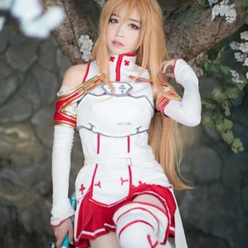 Anime Sword Art Online Asuna Yuuki Dress Cosplay Costumes Uniform for  Halloween SAO Asuna Battle Suit Outfits Full Set with Wig