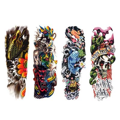 4Pcs/Lot Waterproof Temporary Tattoos Fish Skull Color Full Arm Mechanical Pattern Tattoos Applique Arm Full Arm Tattoos Sticker 48x17Cm (1720 ) Applicable To Male And Female
