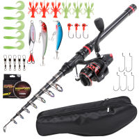 Fishing Rod and Reel Combo Carbon Fiber Telescopic Fishing Rod with Spinning Reel Combo Carrier Bag Case Saltwater Freshwater Travel Fishing Lures Jig Hooks Swivels Full Kit