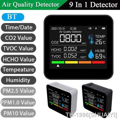 SHUAIYI 9 in 1 BT Air Quality Monitor CO2 Meter Carbon Dioxide Detector Time/Date TVOC HCHO PM2.5 PM1.0 PM10 Temperature Humidity Tester