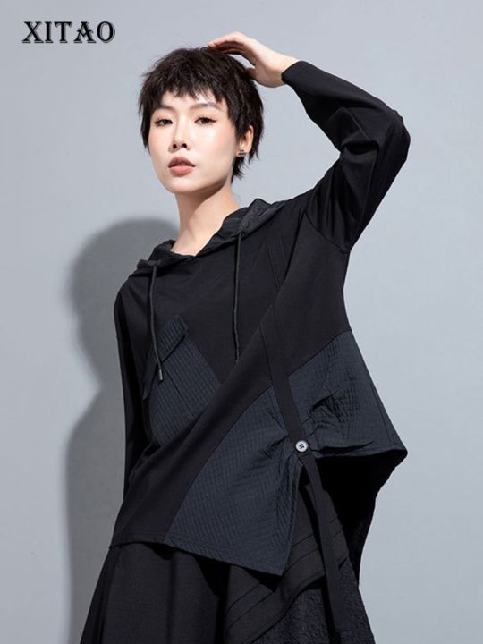 xitao-t-shirt-women-asymmetrical-folds-hooded-top