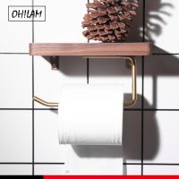 Toilet Paper Holder Wall Mounted Toilet Roll Hanger With Wood Phone Shelf Tissue Roll Holder Solid Brass Wall Storage Rack