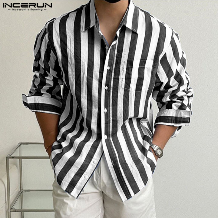 incerun-เสื้อปกลำลองลายทางสำหรับวันหยุดของแขนยาวสำหรับผู้ชาย-สไตล์เกาหลี