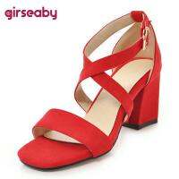 Girseaby 2022 Women Sandals Peep Toe Flock Cover Heels Cross Buckle Strap Daily Big Size 32-43 Red Black Concise Summer S3721