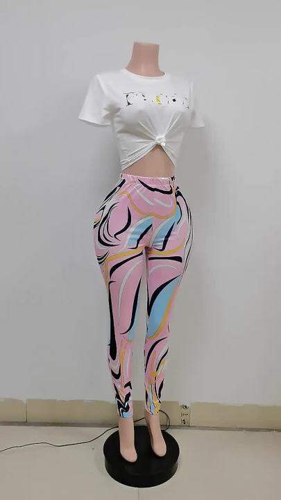 (ร้อน) Echoine จดหมายพิมพ์สลิมฟิตสองชิ้น2022ฤดูร้อนผู้หญิง O คอแขนสั้น