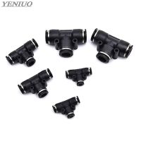 Black 3 Way T shaped Tee Pneumatic Fittings PE 4mm to 16mm OD Hose Tube Push In Air Gas Fitting Quick Connector Adapters Hand Tool Parts Accessories