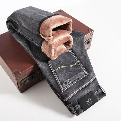 【CC】♗❍✘  Mens Dark Fleece Thick Jeans Classic Business Cotton Stretch Denim Warm Pants Male Brand Trousers