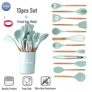 14pcs Silicone Kitchen Utensils Set With Wooden Handles And Storage Bucket