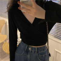 Long Sleeve Shirt Women V-Neck Long Sleeve T-shirt Womens Early Autumn 2021 New Bottomed Shirt Chic Design Chic Short Top