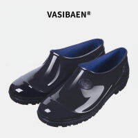 VASIBAEN?สามารถจ่ายเงินเมื่อได้รับสินค้า?รองเท้าบูตลุยฝนข้อต่ำแฟชั่นของผู้ชาย,รองเท้าใส่ทำงานนิรภัยตื้น PVCพื้นหนาทรงท่อต่ำสีดำรองเท้าบูทกันน้ำรองเท้าลุยน้ำรองเท้าบูทยาง