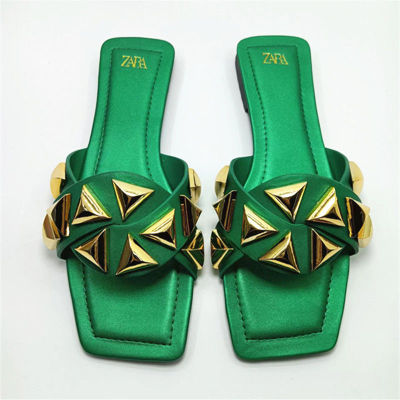 summer new womens shoes green rivet inlaid flat sandals and slippers large size slides